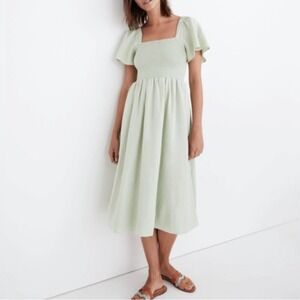 Madewell Linen Blend Lucie Smocked Midi Dress in Sunfaded Mint Size: XS